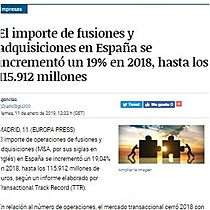 El importe de fusiones y adquisiciones en Espaa se increment un 19% en 2018, hasta los 115.912 millones